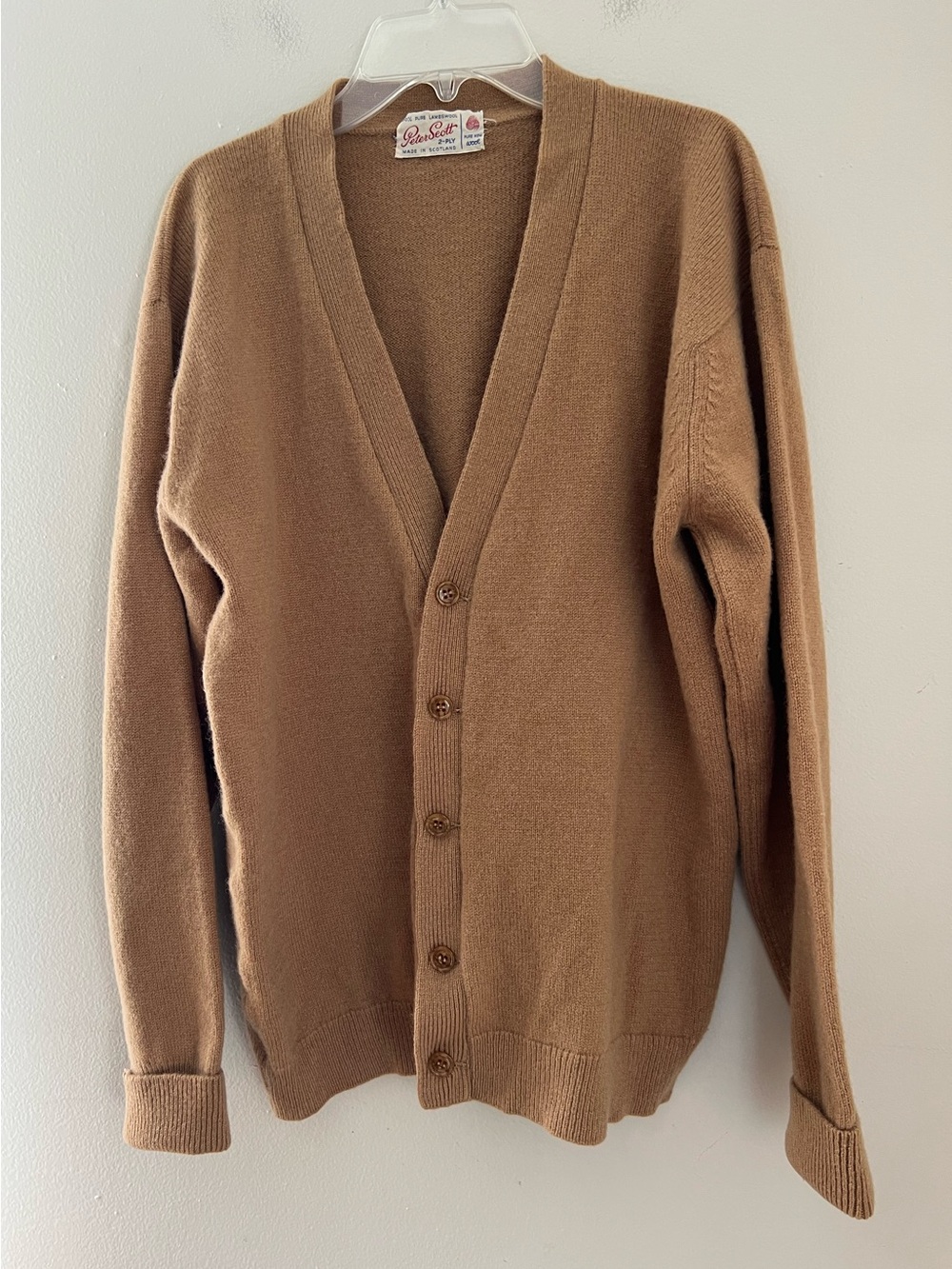 Peter Scott Vintage Cardigan Sweater Men’s L Camel 2-ply 100% Lambswool Scotland